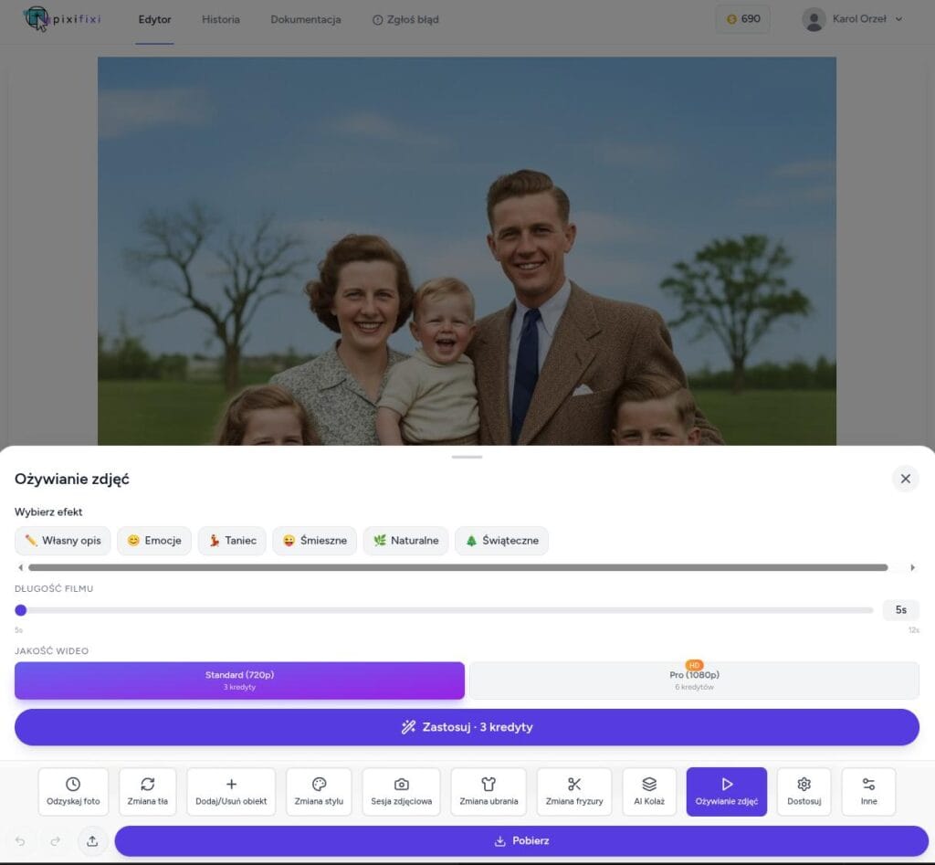 Ekran narzędzia "Ożywianie zdjęć" w aplikacji PixiFixi