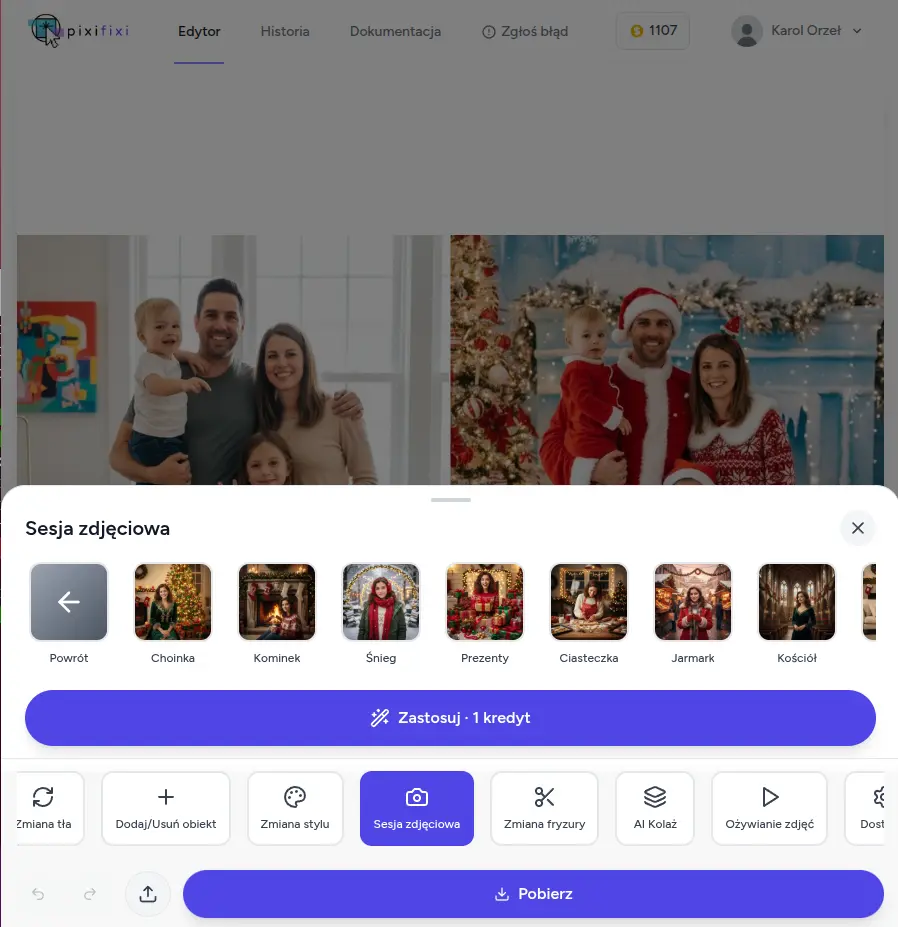 Mikołajkowa sesja zdjęciowa za pomocą AI w PixiFixi