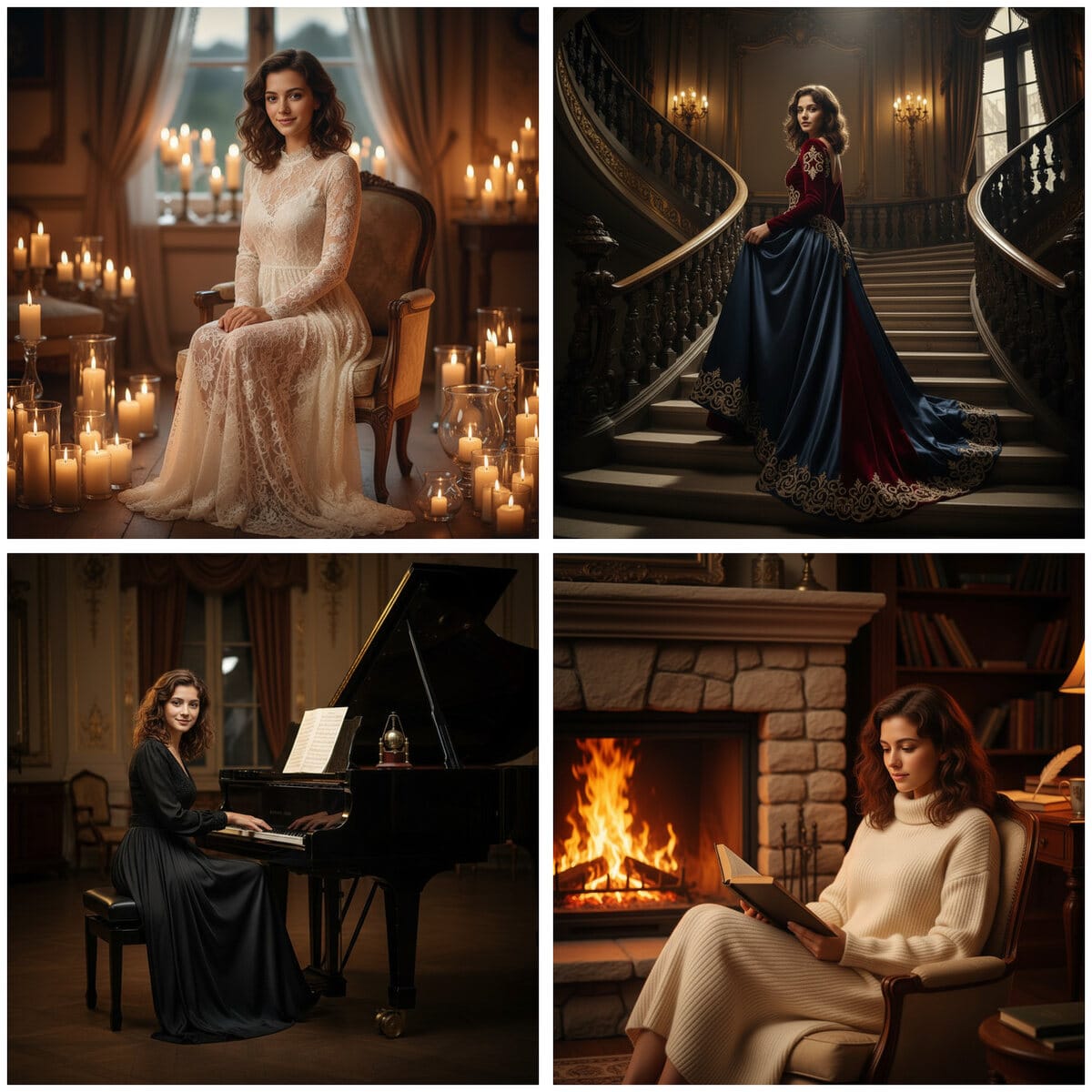 Sesja sensualna z AI — style: przy świecach, glamour na schodach, elegancka przy fortepianie i przytulna przy kominku