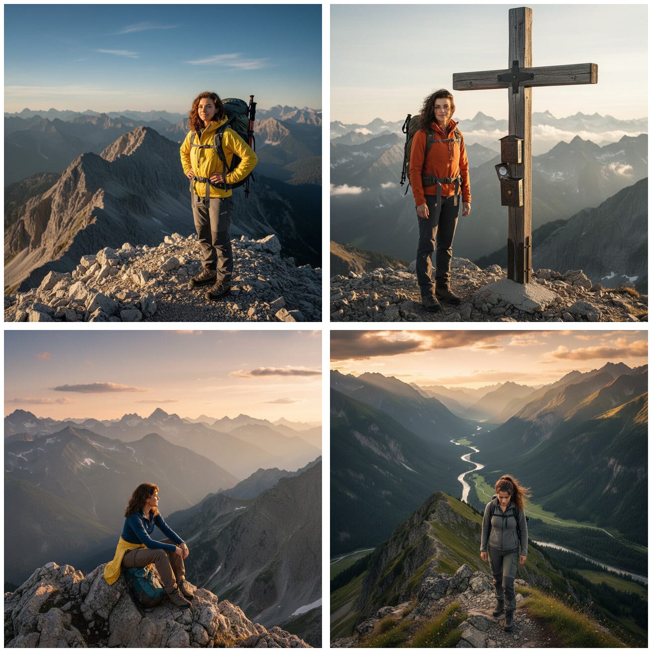 Sesja w górach AI — widok ze szczytu, krzyż na szczycie, panorama gór i widok na dolinę