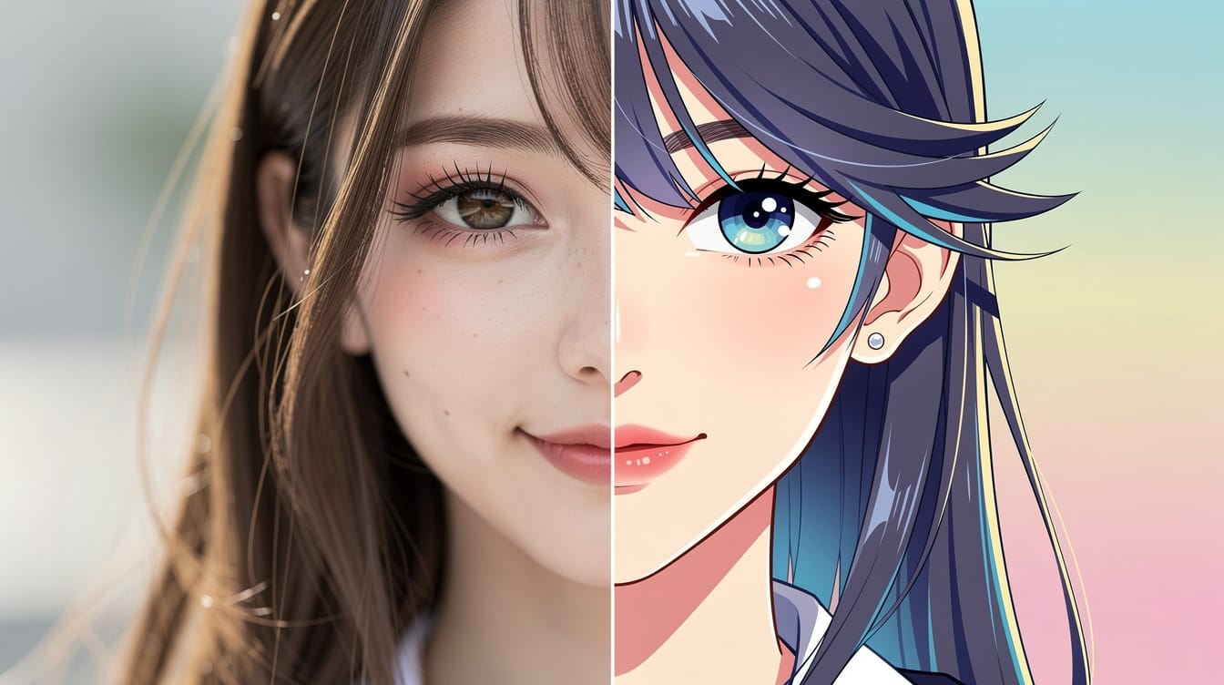 Zdjęcie przerobione na rysunek i anime AI — split foto i ilustracja