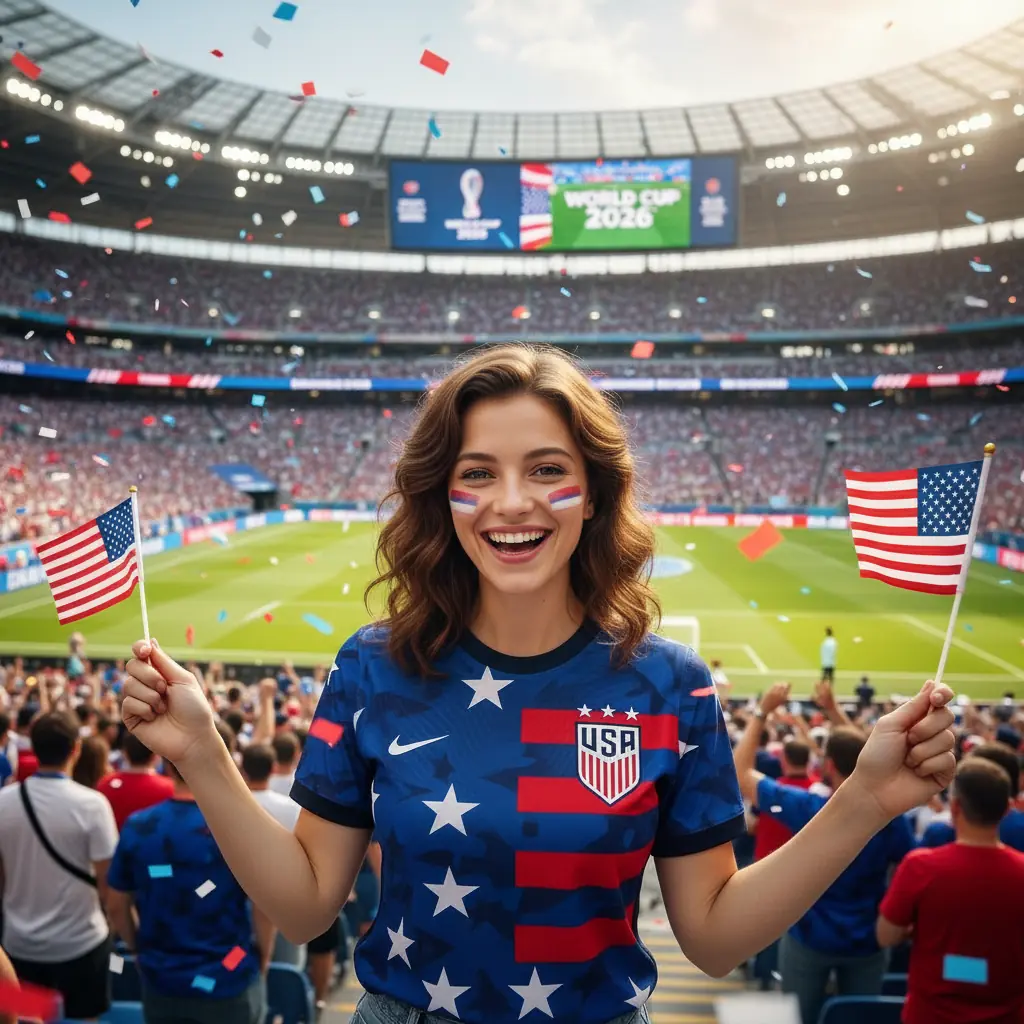 Mundial 2026 w USA — kibic na stadionie, zdjęcie AI