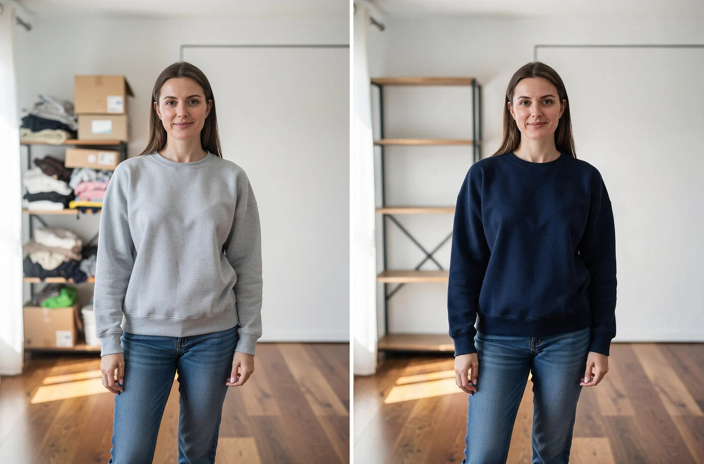 Zdjęcie osoby przed i po — granatowa bluza i uprzątnięta półka w tle