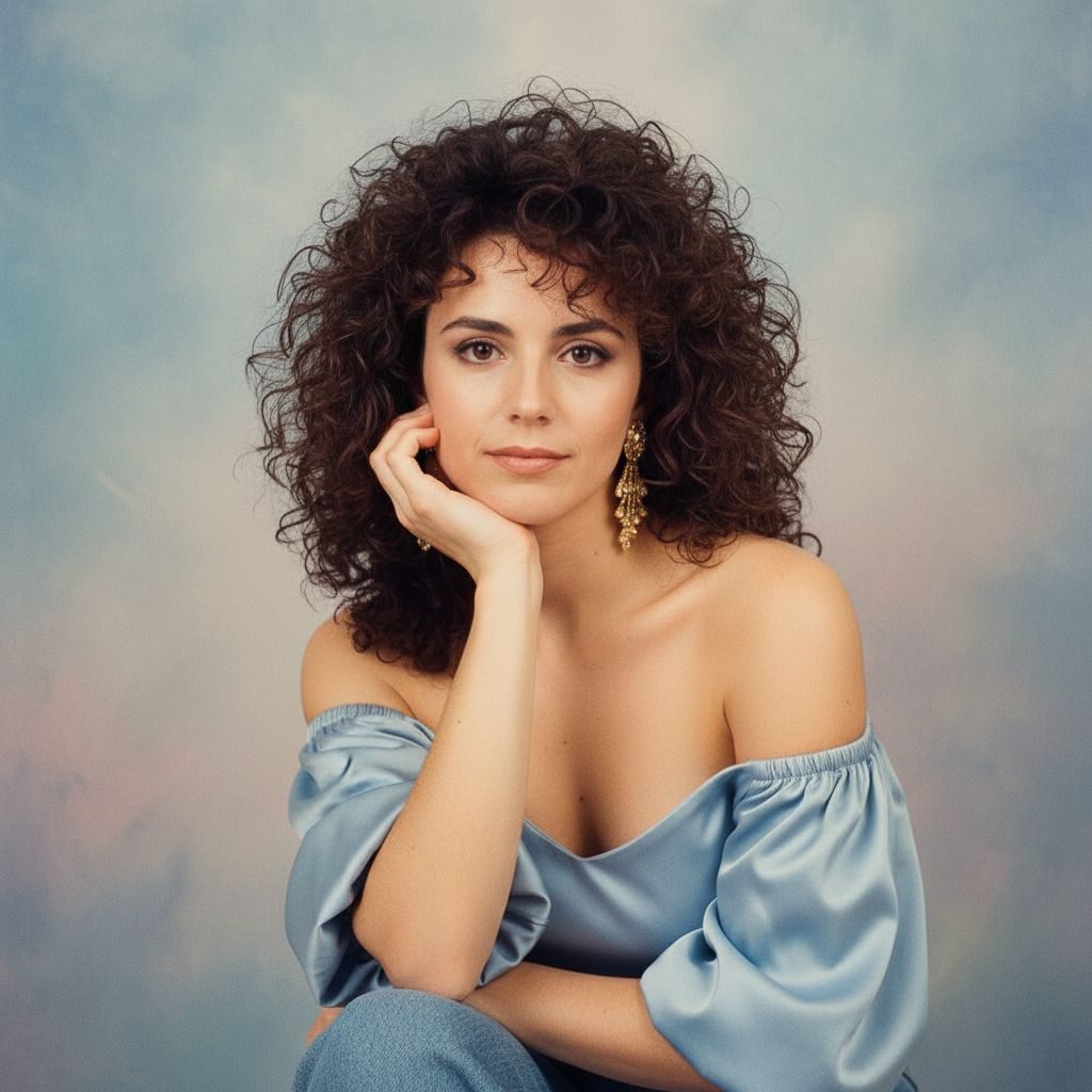 Portret glamour w stylu lat 80. z miękkim filtrem i dużymi kolczykami