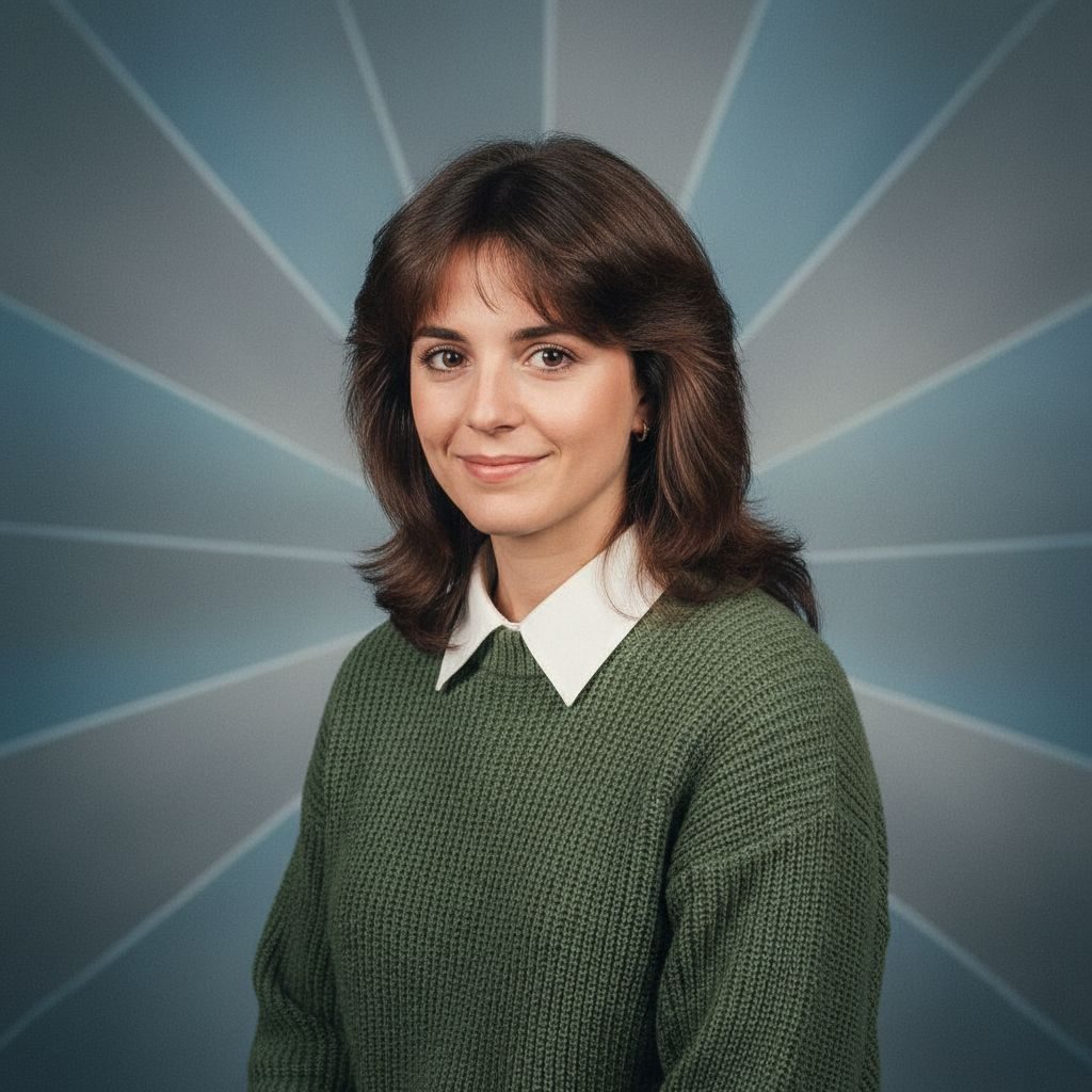 Zdjęcie w stylu lat 80. — portret do kroniki szkolnej na niebieskim tle z promieniami
