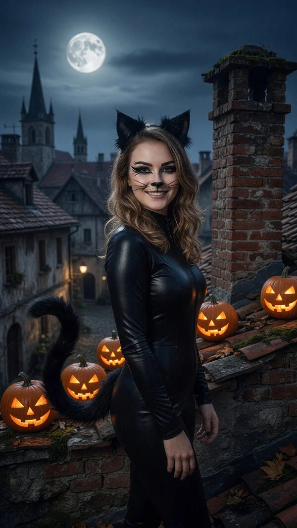 Kostium kota na Halloween na zdjęciu: czarny kombinezon, uszy i wąsy, dynie na dachu w świetle księżyca