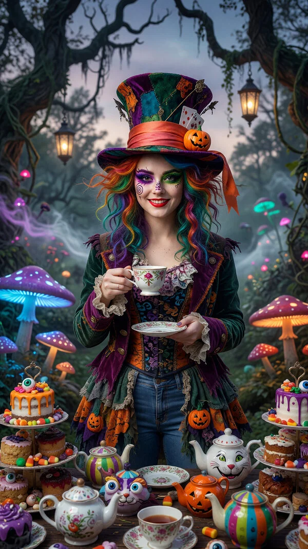Kostium Szalonego Kapelusznika na Halloween na zdjęciu: kolorowy cylinder, filiżanka herbaty i grzyby w magicznym lesie