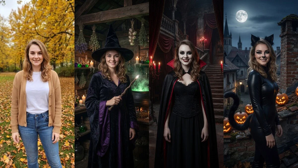 Zdjęcie na Halloween z AI: zwykłe zdjęcie w parku i to samo zdjęcie przerobione na wiedźmę, wampirzycę i kota